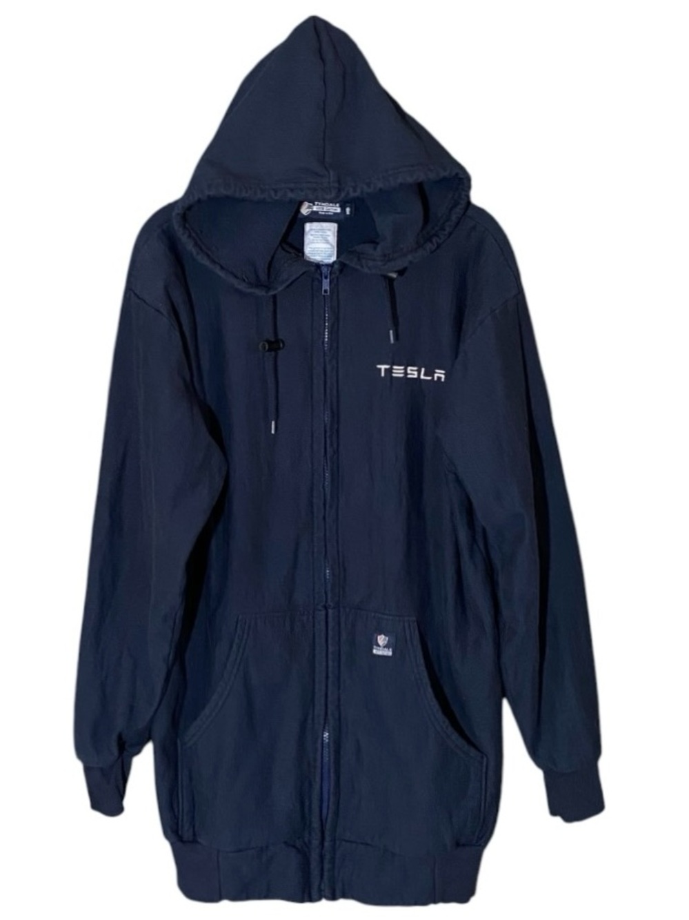 Tesla Logo Embroidered Full Zip Hoodie Navy Blue Oversized Cotton Sweatshirt M